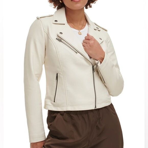 NWOT LEVI'S Faux Leather Jacket white cream oyster medium - Picture 2 of 15